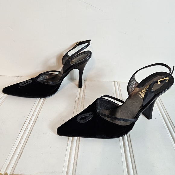 Gianni Versace Vintage Black Velvet Slingback Stiletto Heels 37 - Picture 6 of 16